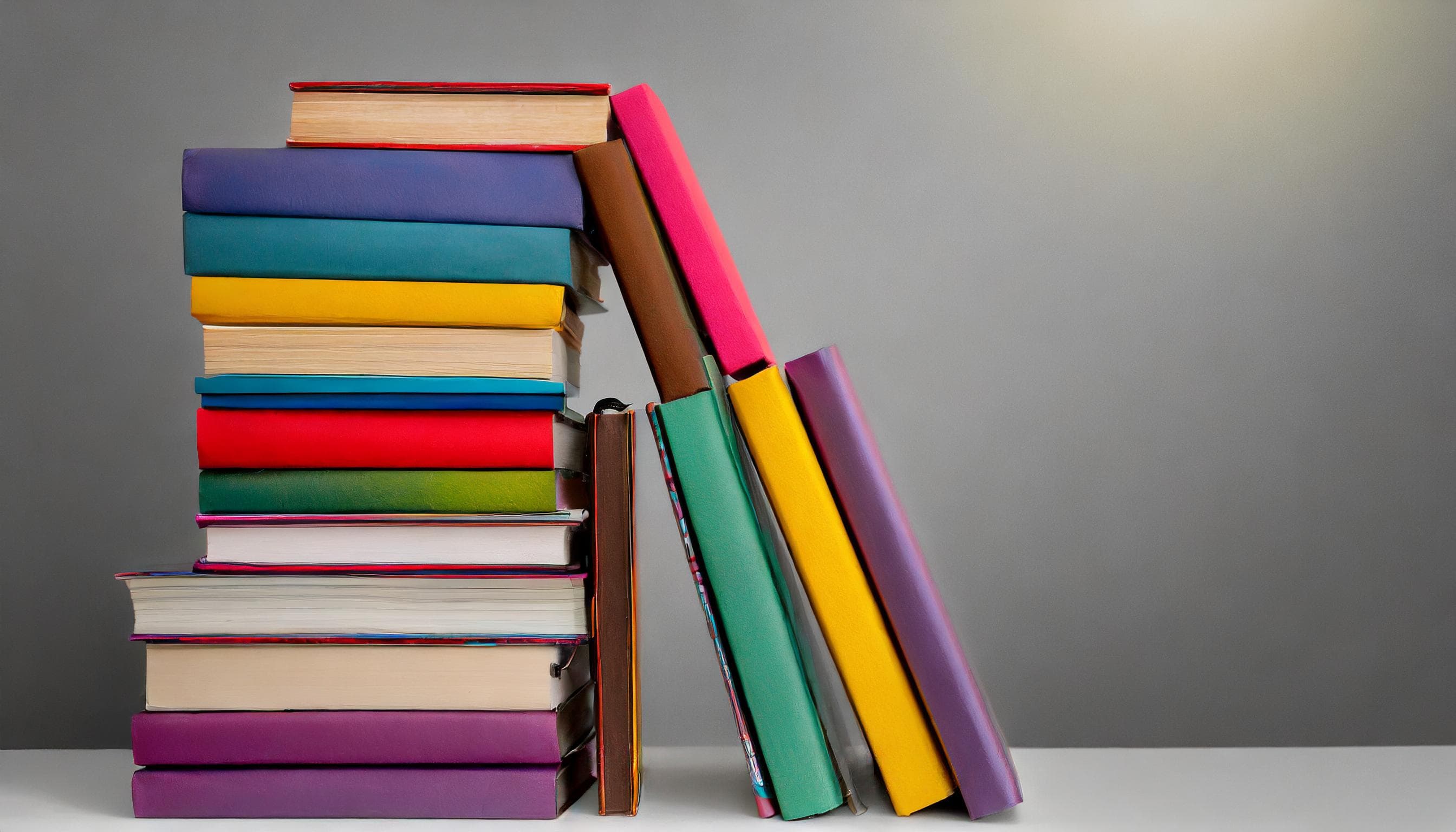 En hög med färgglada böcker står staplade till vänster, medan ett par böcker lutar sig mot högen från höger. Bakgrunden är grå, och böckerna har omslag i olika färger som lila, rött, gult, blått och grönt. De står på en vit yta, och bilden har en enkel, minimalistisk uppställning (AI-genererad bild med Adobe Firefly).