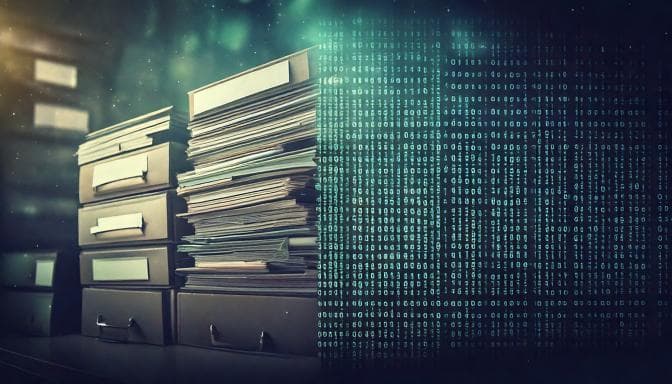 Arkivboxar bredvid ettor och nollor