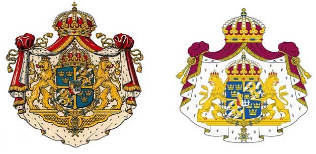 Två versioner av Sveriges stora riksvapen. Till vänster en äldre, mer detaljerad illustration med rikligt utsmyckad kunglig mantel och kronor, samt två lejon som håller i vapenskölden. Till höger en modernare och stilrenare version med liknande element som kunglig mantel, kronor och lejon, men med enklare färgsättning och design.