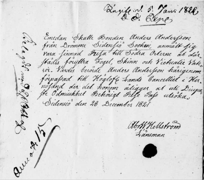 Äldre handskriven handling med sigill. Svartvit bild.