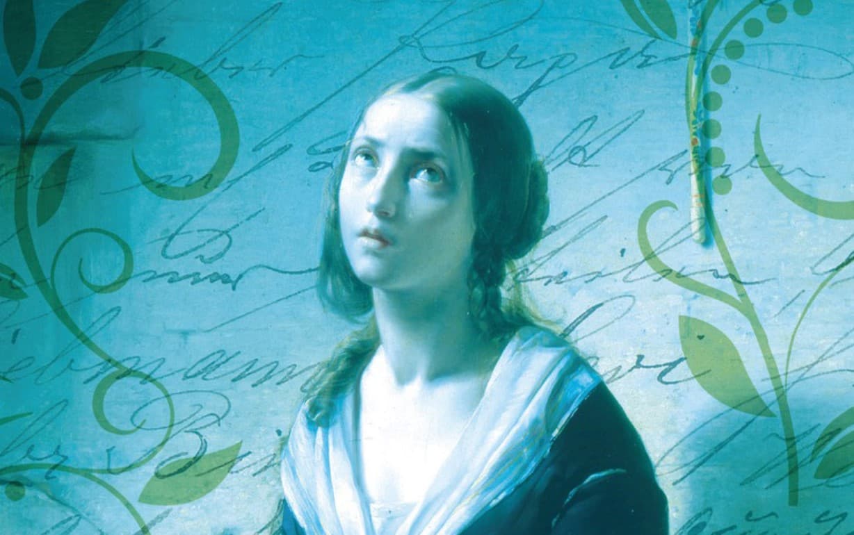 Kvinna mot bakgrund med handskriven text och växtslingor.